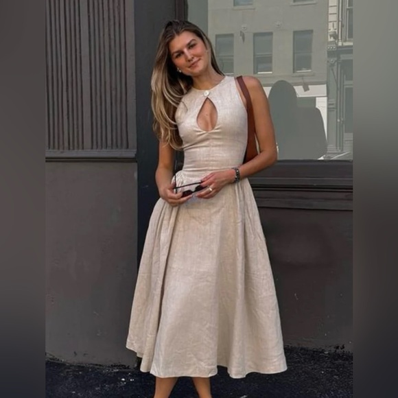 Dianara Sara Linen Midi Dress in beige/cream color size medium - Picture 2 of 5